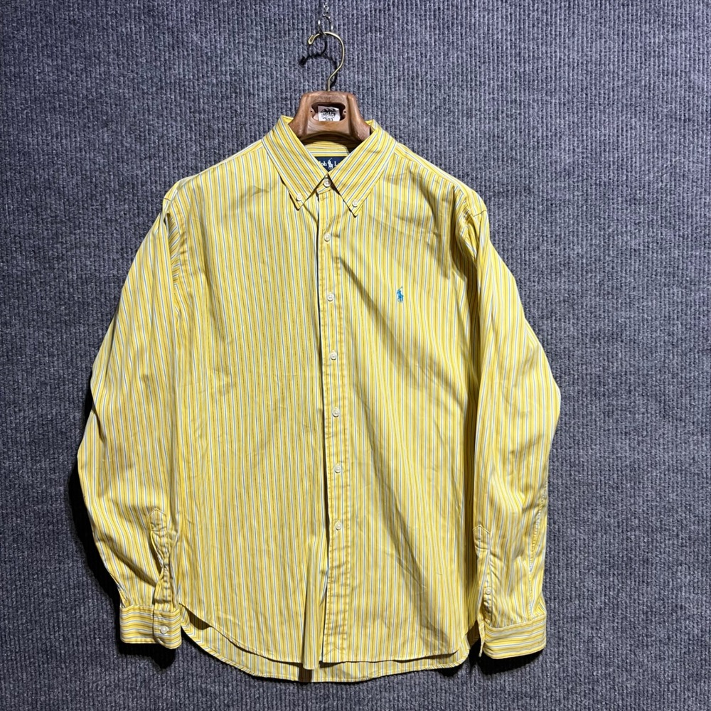 Ralph Lauren Button Down Shirt Mens XL Yellow Striped Classic Fit Long Sleeve